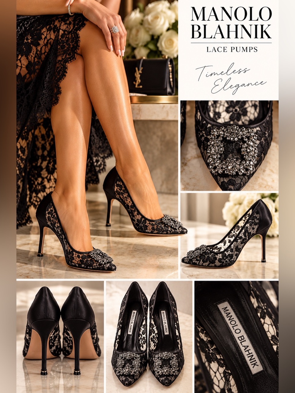 Manolo Blahnik Black Lace Crystal-Embellished Pumps